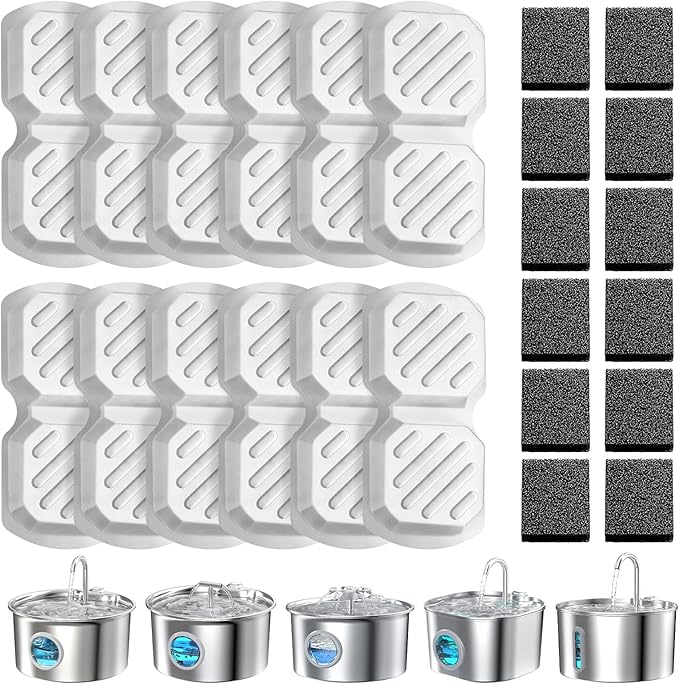 24 Pcs Replacement Filters for Cat Water Fountain Stainless Steel with Water Level Window, 12 Packs Pet Fountain Filters & Sponges, 6 Months Set Easy-Swap