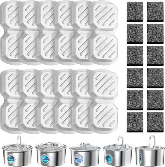 24 Pcs Replacement Filters for Cat Water Fountain Stainless Steel with Water Level Window, 12 Packs Pet Fountain Filters & Sponges, 6 Months Set Easy-Swap