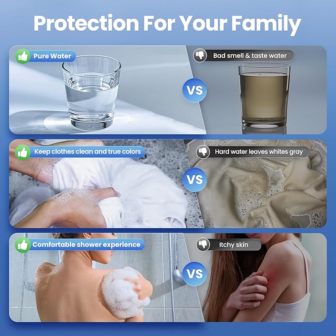 Whole House Water Filter System, Extra 2 Sets Filter, 3 Stage Home Water Filtration System Reduces Chlorine, Sediment, Odor for Healthier Skin, with 2 Valves, 3/4" Ports, for 1-2 Year Use