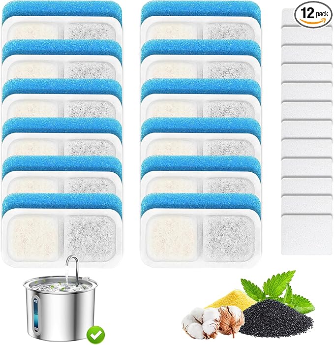 Opeth Cat Water Fountain Filter,Cat Fountain Filters Replacement Compatible with oneisall 67 oz/2L Stainless Steel Pet Water Fountain,12 Set Pet Fountain Filter Replacement
