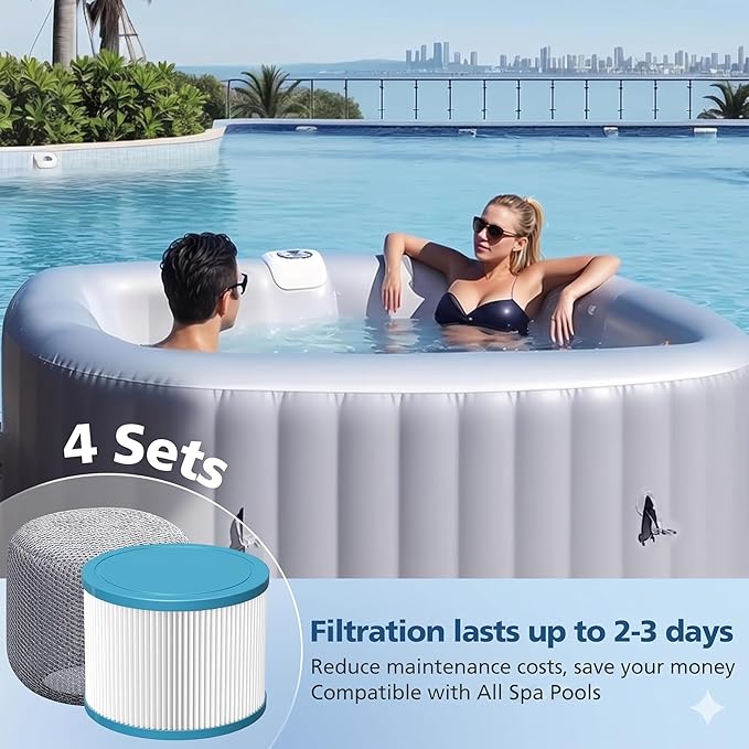 Hot Tub Filter Compatible with All RELX Hot Tub, Pool Filters, Spa Filter Replacement, Filter Cartridges for Inflatable Hot Tubs Filtration, 4 Filter + 4 Filter Covers