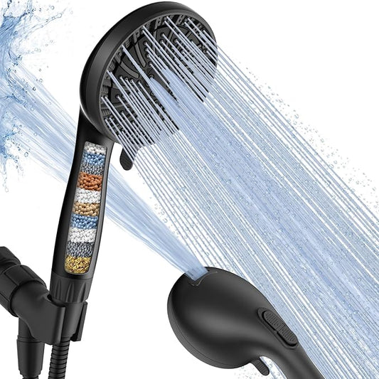 PWERAN Filtered Shower Head with Handheld, High Pressure 8 Spray Showerhead with Filters & Upgraded Detachable Shower Head, Water Softener Filters Beads for Hard Water -Remove Chlorine (Black)