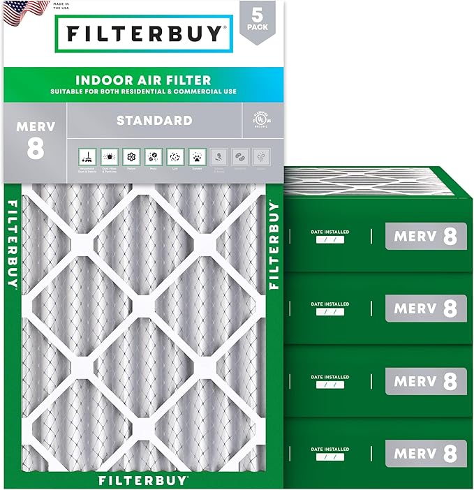Filterbuy 12x24x4 Air Filter MERV 8 Essential Dust & Allergy Defense (5-Pack), Electrostatic Pleated HVAC AC Furnace Filters Replacement, Made in USA (Actual Size: 11.50 x 23.38 x 3.63)