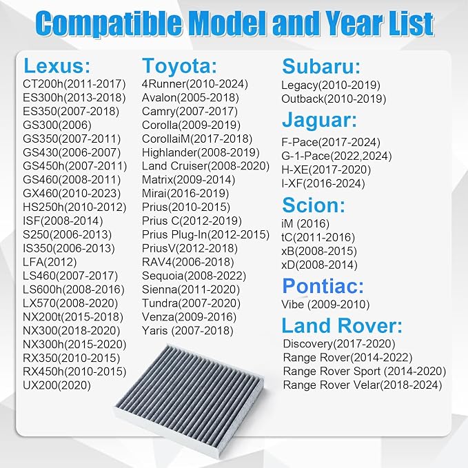 SINGARO CF10285 Cabin Air Filter with Activated Carbon, CP285 Compatible with Camry, Corolla, Highlander, Toyota 4 Runner, RAV4, Tundra, Sienna, Subaru Outback, Lexus GS, ES, GX, is, LS, RX+More