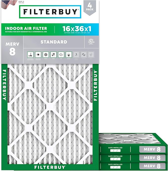 Filterbuy 16x36x1 Air Filter MERV 8 Essential Dust & Allergy Defense (4-Pack), Electrostatic Pleated HVAC AC Furnace Filters Replacement, Made in USA (Actual Size: 15.75 x 35.75 x 0.75)