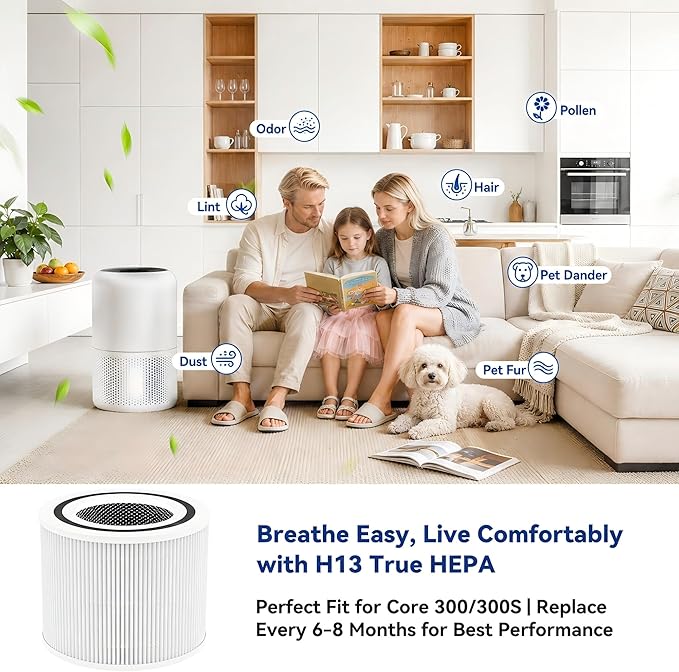 Core 300 Replacement Filter for LEVOIT 300 300-P 300-S P350 Air Purifier, 3-in-1 H13 HEPA Activated Carbon, 99.97% Filtration for Dust Pollen Allergens Pet Hair Odor, Replaces Core 300-RF, 2 Pack