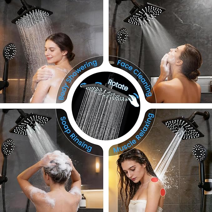 Veken High Pressure 8" Rain Shower Head with Handheld, Square Rainfall Shower Heads with 5-Mode Handheld Spray Combo, Detachable Hand Held Showerhead, Bathroom Decor，Dual Matte Black Regaderas Para