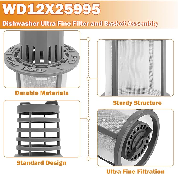 WD12X25995 Dishwasher Ultra Fine Filter and Basket Assembly Compatible With GE Hotpoint Haier dishwashers Replaces PS16217023 AP6989426 4962336 EAP16217023