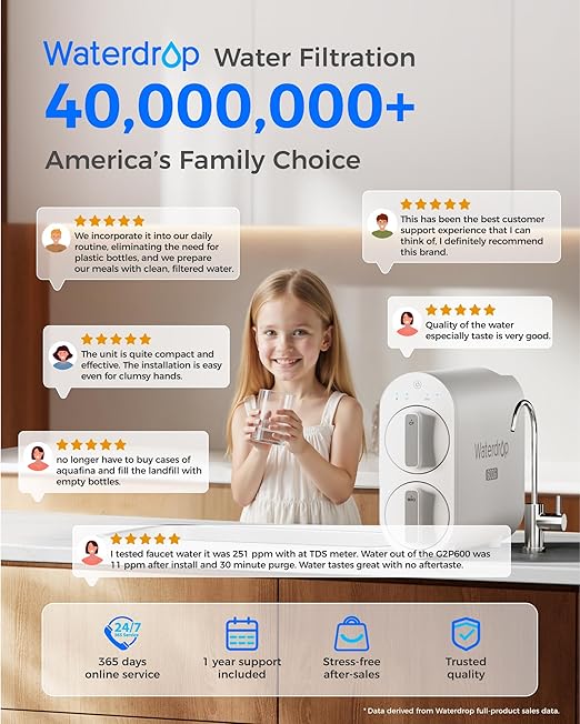 Waterdrop G2P600 Reverse Osmosis System, TDS Reduction, 7 Stage Water Filtration, NSF/ANSI 372 Certified, 600 GPD Tankless RO Water Filter System, Under Sink, 2:1 Pure to Drain