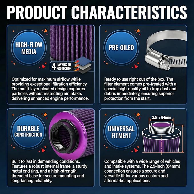 Universal Clamp-On Air Intake Filter, High Performance, Washable Filter, Replacement Air Filter, Flange Diameter 2.5inch/64mm (Purple)
