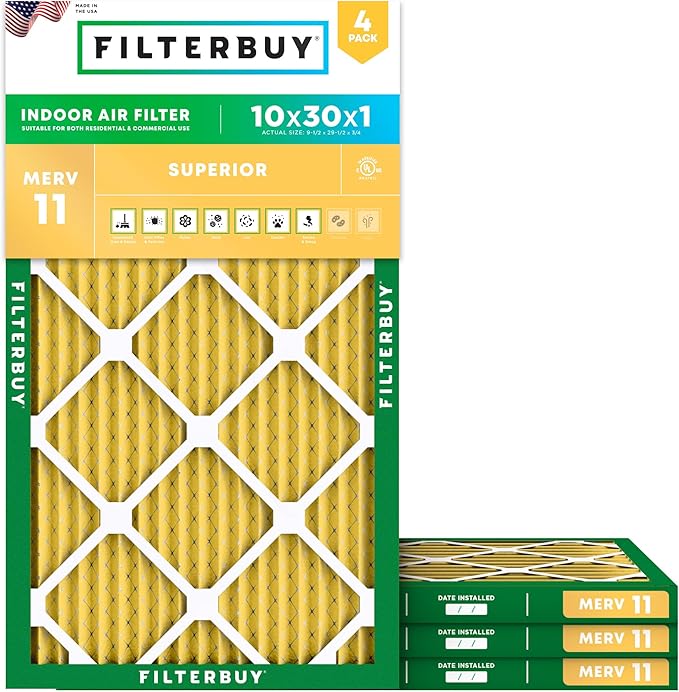 Filterbuy 10x30x1 Air Filter MERV 11 Superior Pet & Allergy Defense (4-Pack), Electrostatic Pleated HVAC AC Furnace Filters Replacement, Made in USA (Actual Size: 9.50 x 29.50 x 0.75)