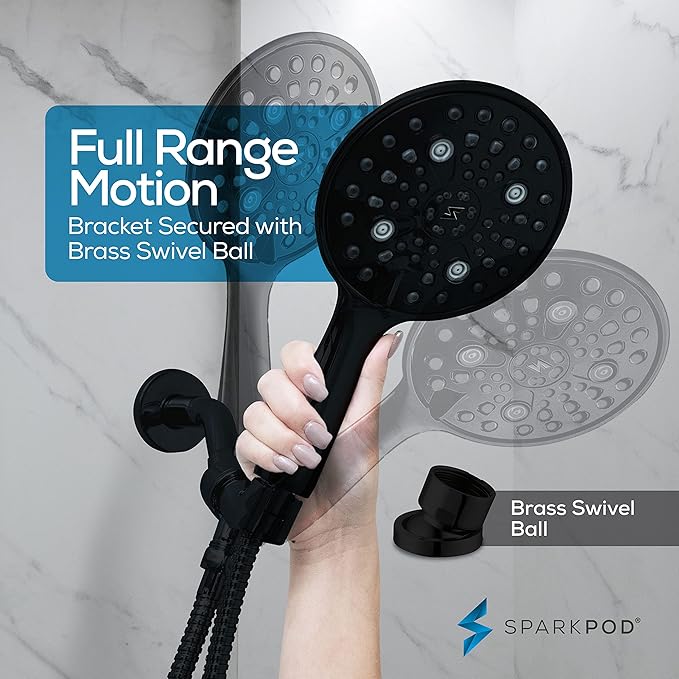 SparkPod 6 Spray Setting High Pressure Hand Held Shower Head - 6" Wide Angle Handheld Shower Head Set with Brass Swivel Ball Bracket and 70 Inch Long Hose - Luxury Design (Midnight Black Matte)
