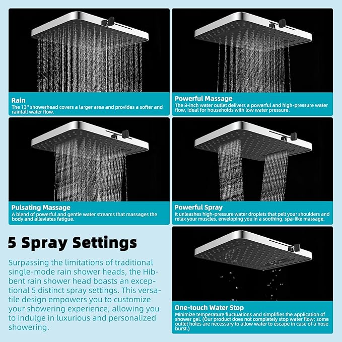 Hibbent cUPC Certified 5 Spray Modes Shower Head, 13'' High Pressure Large Rainfall Shower Head, High Flow Waterfall Bathroom Fixed Showerheads with Adjustable Swivel Ball Joint, Chrome