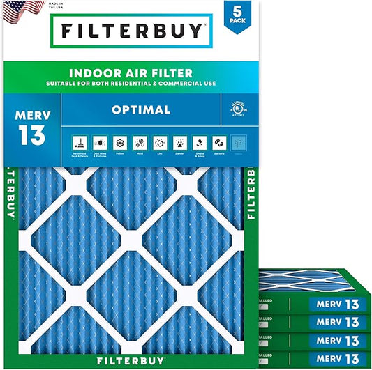 Filterbuy 16x18x1 Air Filter MERV 13 Optimal Smoke & Allergy Defense (5-Pack), Electrostatic Pleated HVAC AC Furnace Filters Replacement, Made in USA (Actual Size: 15.50 x 17.50 x 0.75)