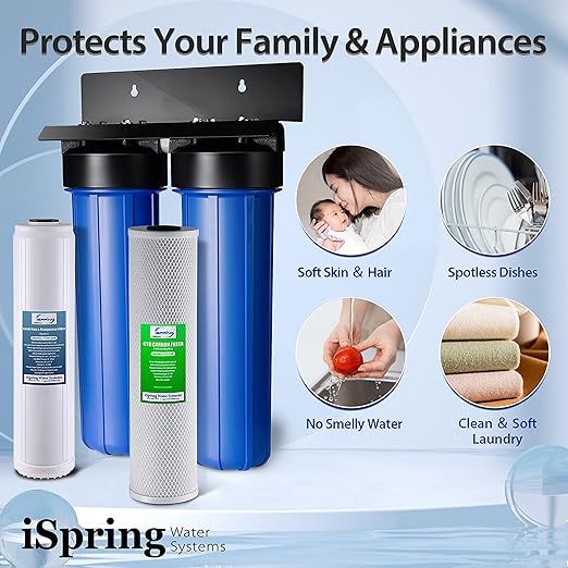 iSpring Lead-Reducing Whole House Water Filter System, Also Targets Chlorine, Taste, and Odor, 2-Stage Commercial-Grade 20" x 4.5" Industry Standard-Sized Filters, 1" Inlet/Outlet, Model: WGB22B-PB