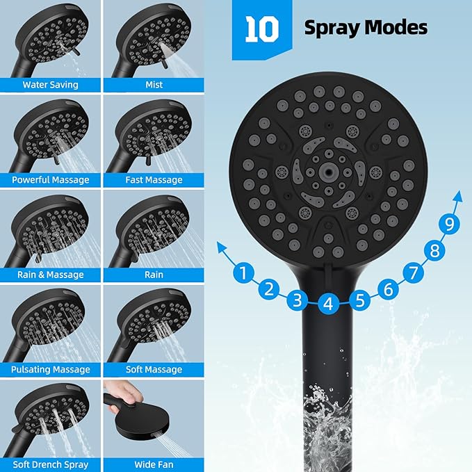 Hibbent All Metal High Pressure Rainfall 10'' Shower Head, CUPC Certified Handheld Showerhead Combo, 12'' Adjustable Shower Extension Arm, 10-Spray, 71'' Hose, Adhesive Showerhead Holder, Matte Black