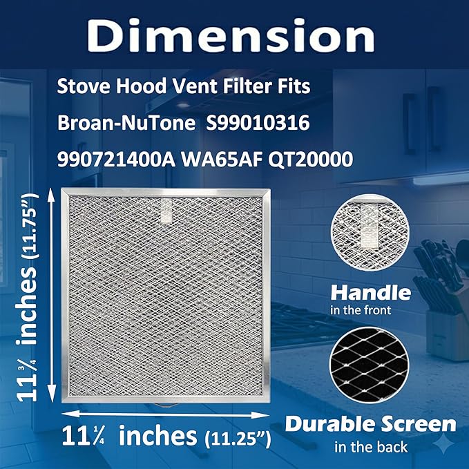 2X 99010316 Stove Hood Vent Filter 11.60” x 11.22” BPQTAF S99010316 Compatible with Broan Range Hood Filter Replacement S99010316, WA65AF, NTK7450000, 990721400A Kenmore Sears QT20000