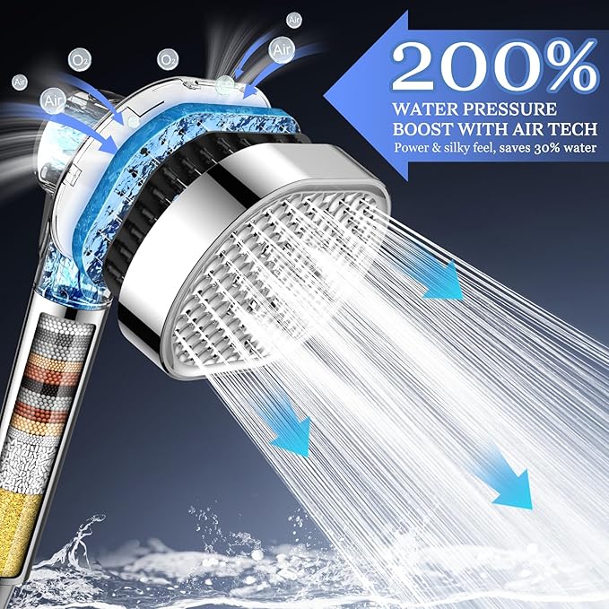 Vatex Filtered Shower Head with Handheld, High Pressure 4 Spray Shower Heads with Filters, Anti-clog Silicone Nozzles for Hard Water Showerhead, Built-in Power Wash to Clean Tub/Tile/Pets