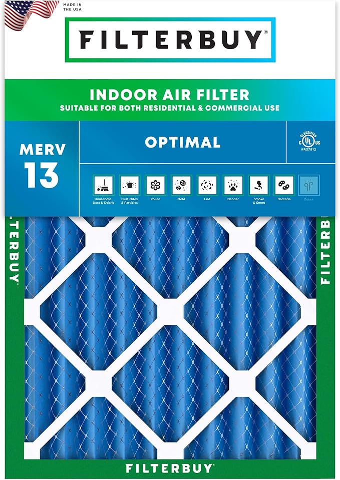 Filterbuy 20x25x4 Air Filter MERV 13 Optimal Smoke & Allergy Defense (1-Pack), Electrostatic Pleated HVAC AC Furnace Filters Replacement, Made in USA (Actual Size: 19.50 x 24.50 x 3.63)
