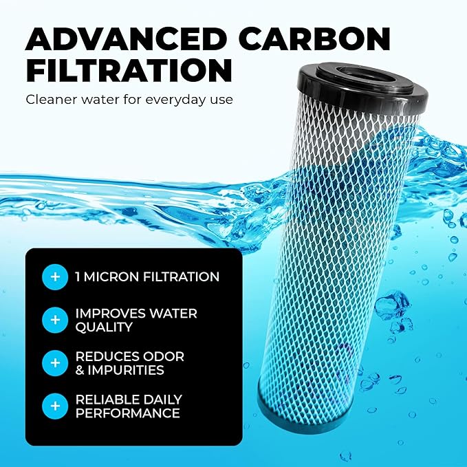1 Micron 10" x 2.5" Activated Carbon Whole House Water Filter Replacement Charcoal Block Cartridge Set - Coconut Shell Carbon - Fits Whole Home/Under-Sink Systems, Reduces Chlorine & Odor - 4-Pack