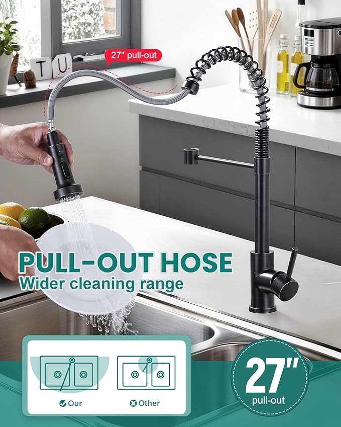Kitchen Faucet with Pull Down Sprayer: Oil Rubbed Bronze 3-Function Kitchen Sink Faucets for 1 or 3 Hole - Stainless Steel Single Handle Spring Kitchen Faucets with Deck Plate for Farmhouse RV Laundry