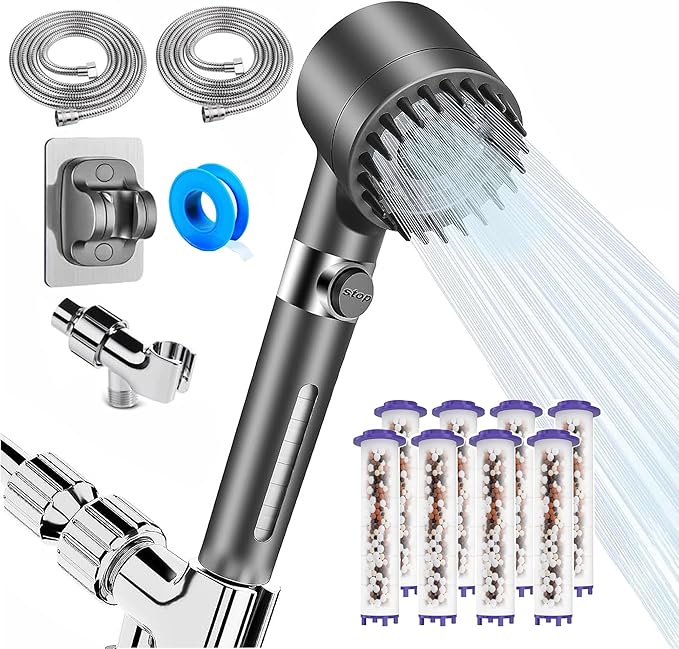 Filtered Shower Head with Handheld, 3 Spray High Pressure Ionic Technology Showerhead, 8 Filters & Anti-Clog Nozzles for Hard Water, Filter out Impurities Reduce Dry Itchy Skin, 2 Hoses, ON/OFF Switch