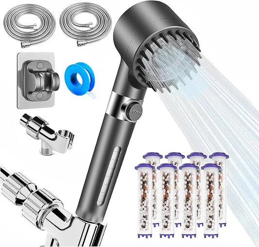 Filtered Shower Head with Handheld, 3 Spray High Pressure Ionic Technology Showerhead, 8 Filters & Anti-Clog Nozzles for Hard Water, Filter out Impurities Reduce Dry Itchy Skin, 2 Hoses, ON/OFF Switch