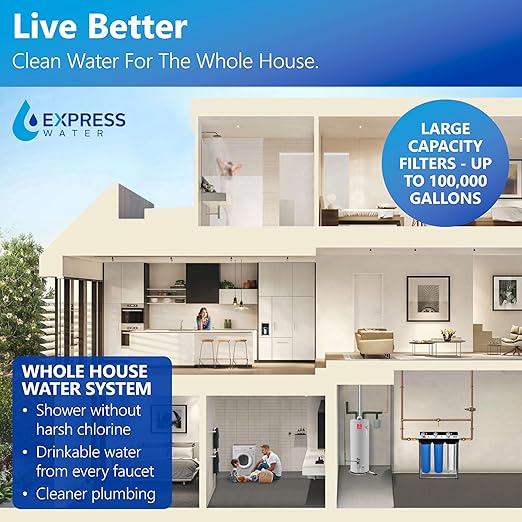 Express Water 3-Stage Whole House Water Filter System, Includes Pre-Filter, Free-Standing Stainless Steel Frame & 3 Pressure Gauges, Reduces Scale, Heavy Metals, PFAs, Lead, Arsenic & Chlorine