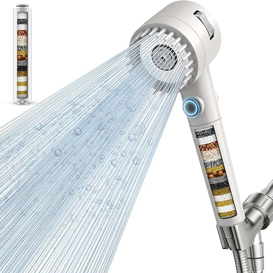 Filtered Shower Head with Handheld, High Pressure 5-Spray Shower Head with Filters for Hard Water, ON/OFF Switch Showerhead for Pets Bath, Shower Heads with Stainless Steel Hose Remove Chlorine