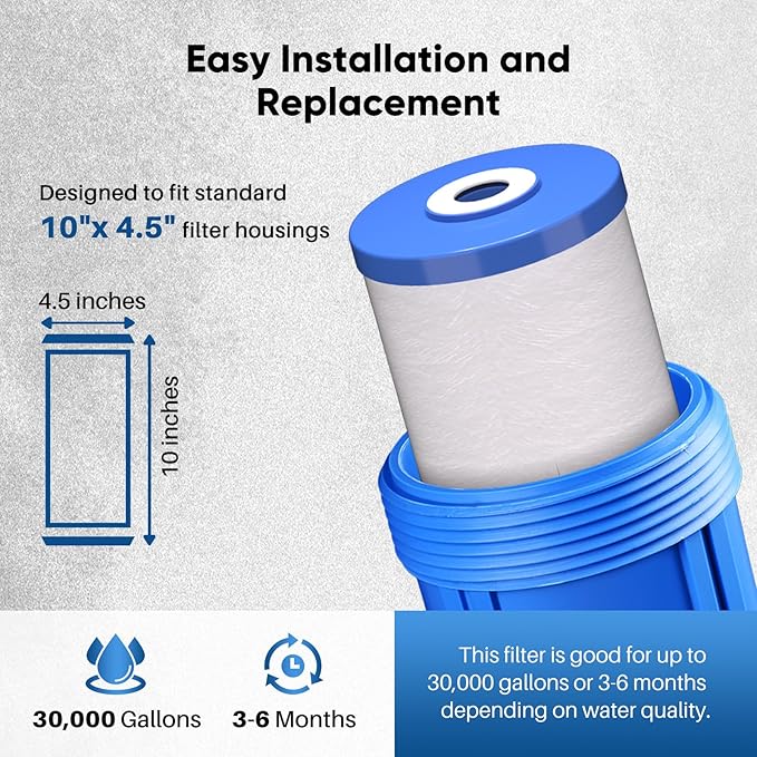 PUREPLUS 25 Micron 10" x 4.5" Whole House Sediment and Carbon Water Filter Replacement Cartridge for GE FXHTC, GXWH40L, GXWH35F, GNWH38S, Culligan RFC-BBSA, WRC25HD, PP10BB-CC, Pentek RFC-BB, 4Pack