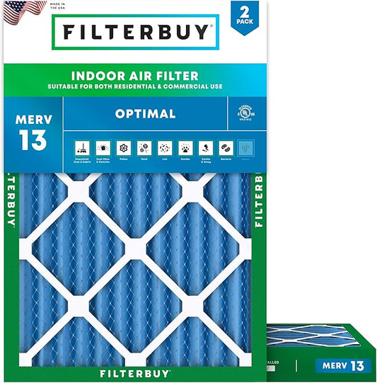 Filterbuy 15x20x2 Air Filter MERV 13 Optimal Smoke & Allergy Defense (2-Pack), Electrostatic Pleated HVAC AC Furnace Filters Replacement, Made in USA (Actual Size: 14.50 x 19.50 x 1.75)