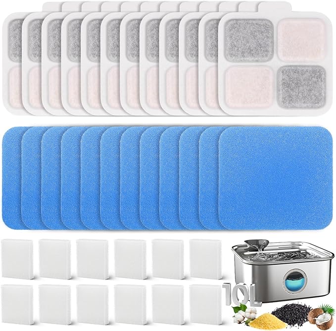 24 Pack Filters for oneisall 10L/2.6Gal Stainless Steel Large Dog Water Fountain, Ion Exchange Resin with Coconut Shell Activated Carbon Refills, 12 Filters &12 Pre-Filter Sponges &12 Pump Sponges
