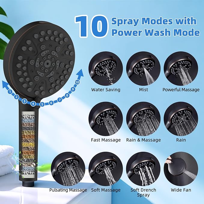 All-Metal 10" High-Pressure Rain Shower Head with Handheld- 10-Spray Power Wash with Shower Filter, Easy Reach 4-Way Diverter with Pause Mode, Adjustable 16" Extension Arm/71" Hose, Oil Rubbed Bronze