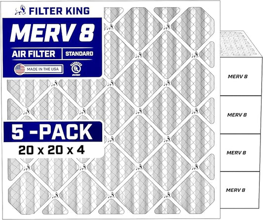 Filter King 20x20x4 Air Filter (MERV 8) (5-Pack) Dust & Allergy Control AC Furnace Filters, MADE IN USA, HVAC, Pleated, Electrostatic (Actual Size: 19.5 x 19.5 x 3.75)
