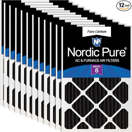 Nordic Pure 16x25x2 (Actual Size: 15 1/2 x 24 1/2 x 1 3/4) Pure Carbon Pleated Odor Reduction MERV 8 Furnace Filters 12 Pack