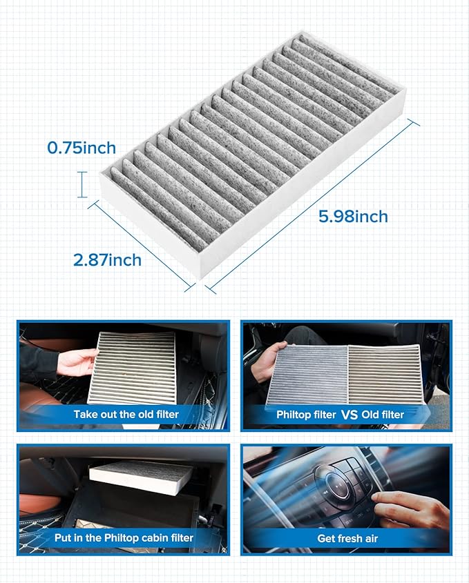 PHILTOP HEPA Cabin Air Filter w/Activated Carbon, Compatible with CF11777 Jeep Wrangler 2011-2017, Wrangler JK 2018, Carbon Filter Up Dust Pollen Odor