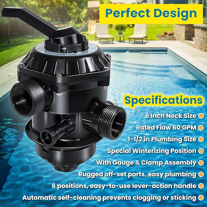 E-cowlboy 262506 1-1/2-Inch 6-Way Clamp Style Multiport Valve Top Mount for Tagelus/Sta-Rite Cristal-Flo II/Meteor/Sand Dollar/StarBright Pool and Spa Sand Filter Black