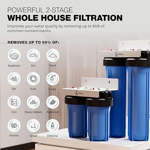 iFilters MWH-D20-WELL Dual-Stage 4.5" x 20" Whole House Well Water Filter System – Sediment & GAC/KDF Filtration, Reduces Iron, Sulfur, Chlorine, Odor – 1" High Flow Ports