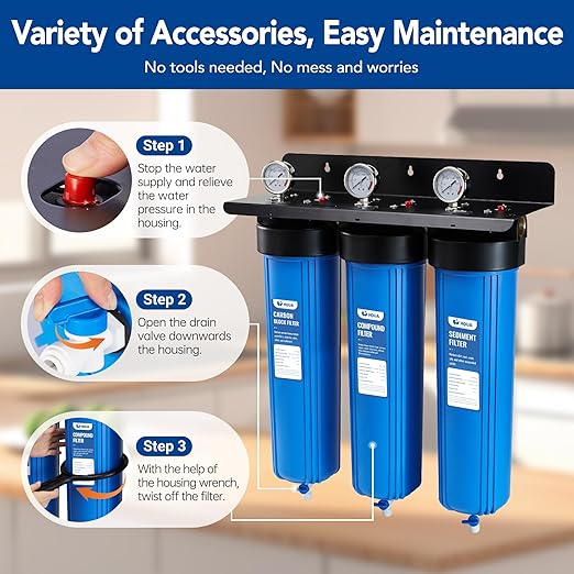 WF3-01 3-Stage Whole House Water Filtration System, Reduces Heavy Metals (Lead, Mercury, Arsenic, Cadmium, Chromium), Chlorine, Sediment, Odor, and VOC’s