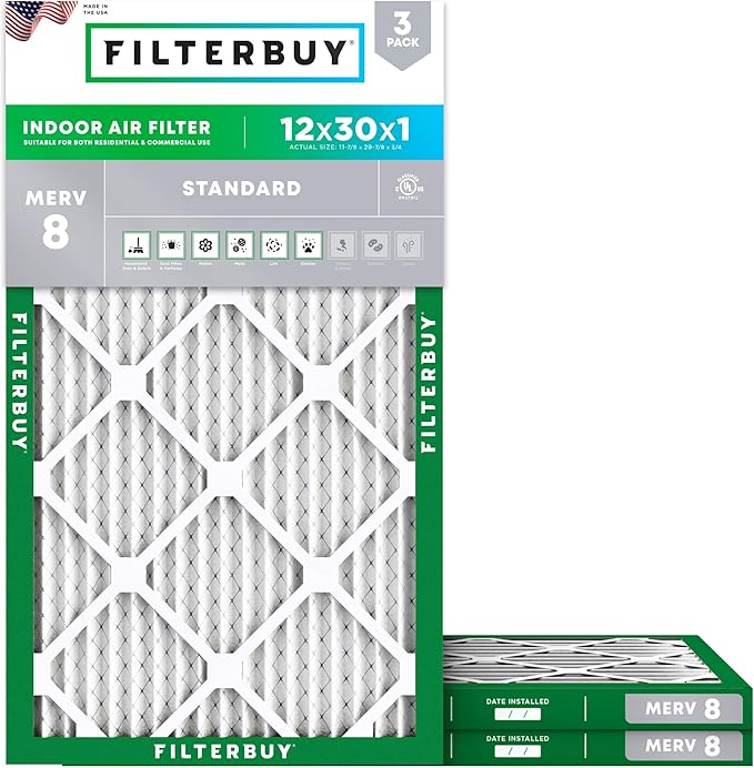 Filterbuy 12x30x1 Air Filter MERV 8 Essential Dust & Allergy Defense (3-Pack), Electrostatic Pleated HVAC AC Furnace Filters Replacement, Made in USA (Actual Size: 11.88 x 29.88 x 0.75)