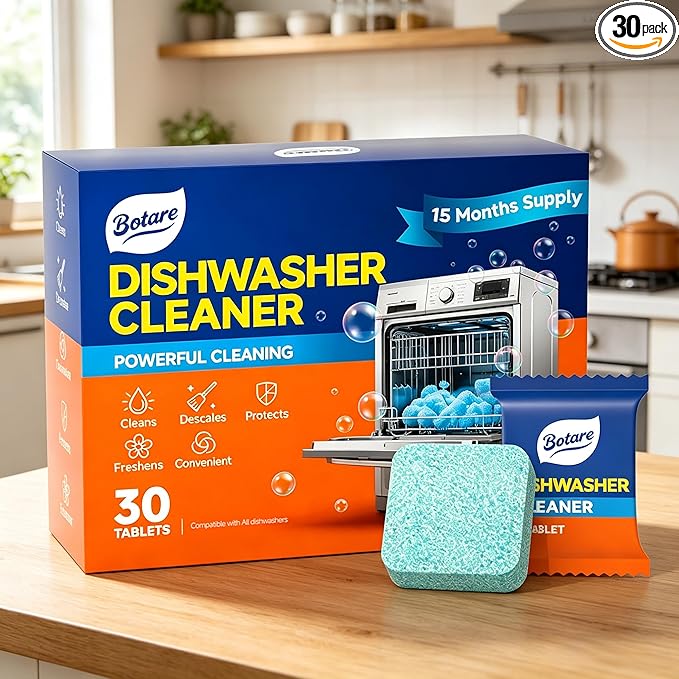Dishwasher Cleaning Tablets -30 Pack Cleaner and Deodorizer -15 Month Suply for Hard Water Dish Washer Machine, Non Toxic Tabs for Dish, Septic Safe & Odor Remover, Lemon Scent