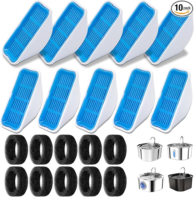 Replacement Filters for 3.2L/2.5L Cat Water Fountain, 10-Pack Filters and10 Pre-Filter Sponges, Multi-Layer Filtration System for Pet Fountain, Removes Impurities and Odors