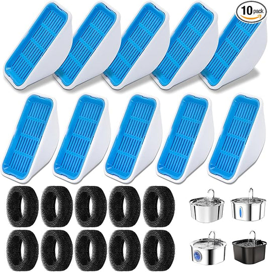 Replacement Filters for 3.2L/2.5L Cat Water Fountain, 10-Pack Filters and10 Pre-Filter Sponges, Multi-Layer Filtration System for Pet Fountain, Removes Impurities and Odors