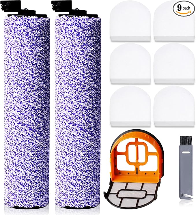 9 Pack Replacement Roller Brush and Foam Filters Kit Compatible with Shark WD101,AW302,WD201, WD161 WD261 AW261 Hydrovac XL 3-in-1 Vacuum Cleaner, Cordless Pro XL Vacuum Accessories