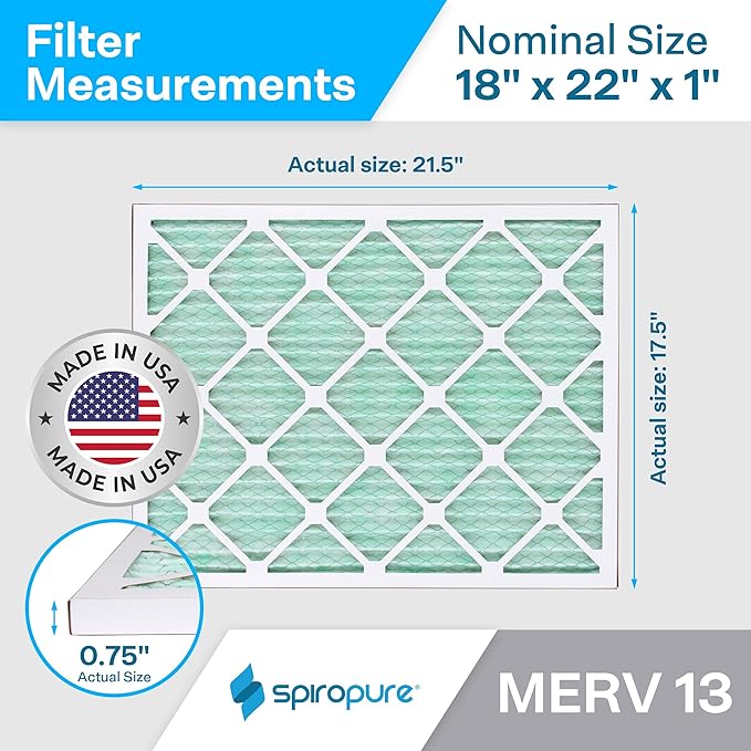 SpiroPure 18X22X1 MERV 13 Pleated Air Filters (6 Pack)