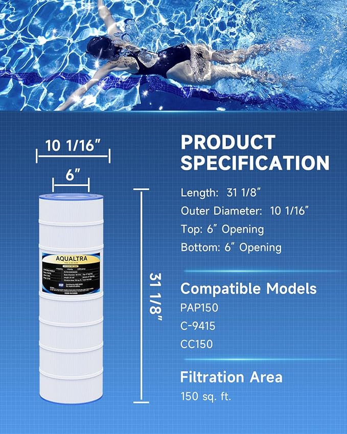 AQUALTRA Pool Filter Compatible with CC150, PAP150, CCRP150, PAP150-4, Ultral-C4, PP-C4, C-9415, R173216, FC-0687, 150 sq. ft. 31 1/8" x10 1/16" 2 Pack