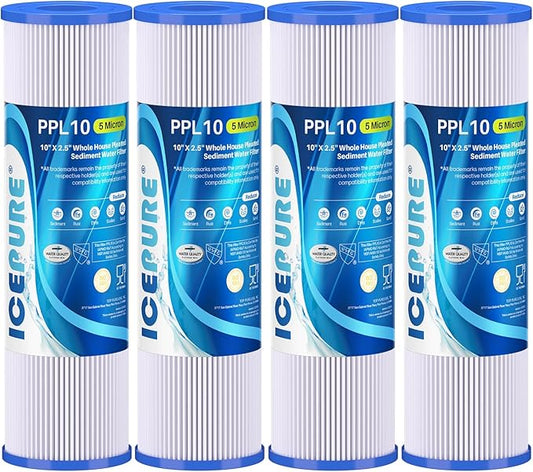 10" x 2.5" Pleated Sediment Water Filter Cartridge Replacement Any 10 inch RO Unit, Compatible with R50, Dupont WFPFC3002, Whirlpool WHKF-WHPL, GE FXWPC, Hydronix SPC-25-1050, FM-50-975 4PACK