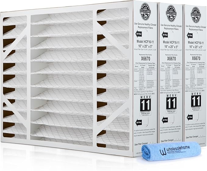 Lennox X6670 16x25x5 Air Filter MERV 11 HVAC AC Furnace Filters, Lennox Healthy Climate Filter for Home with Cleaning Cloth, 3-Pack (Actual Size: 15.75 x 24.75 x 4.38 Inches)