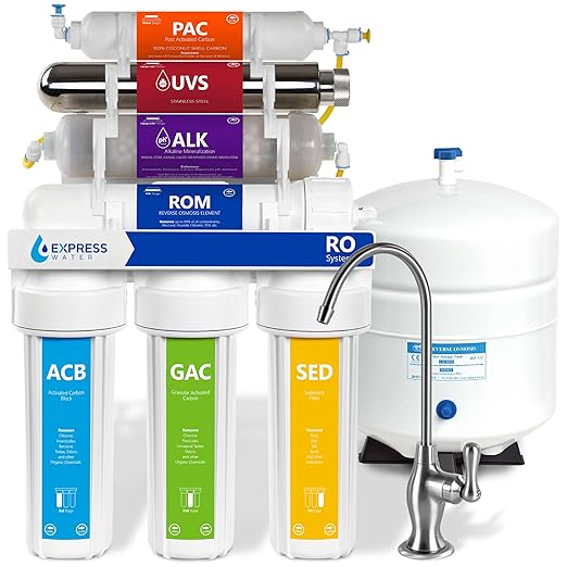 Express Water ROALKUV10D 11-Stage Alkaline Under Sink Reverse Osmosis Water Filter System, UV Filter, NSF Certified 372, Reduces 99% of Impurities, BPA Free, Deluxe Chrome Faucet