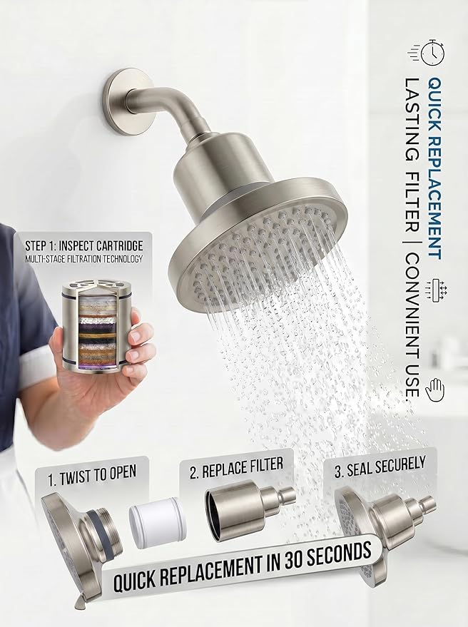 360 Degree Rotated Shower Head Brushed Nickel＆ Filter COMBO ! Anti - Chlorine Hard Water Filtered Shower Heads- 7 Sprays High Pressure Showerheads with 25 Stage Filtration for Adult and Baby
